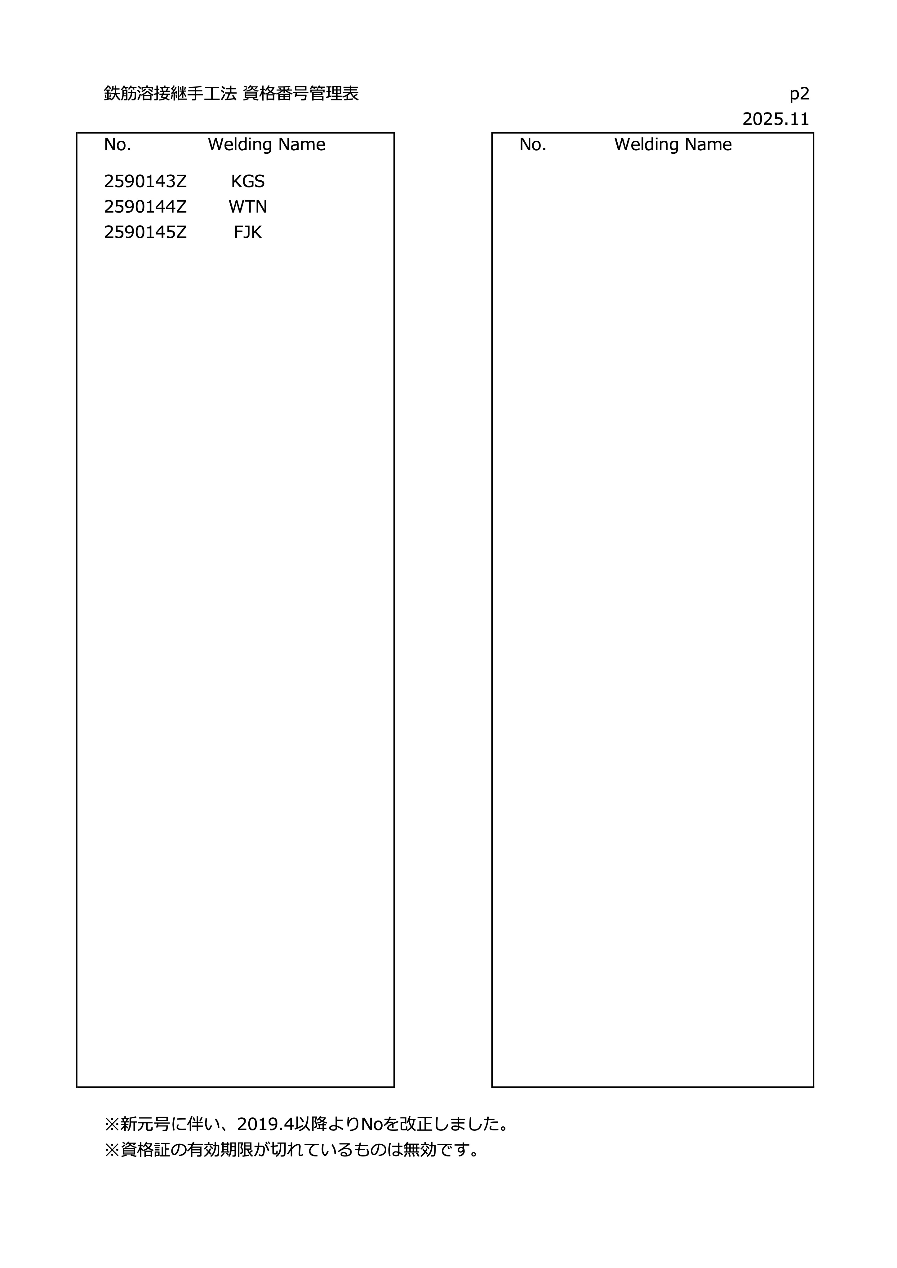 鉄筋溶接継手工法 資格番号管理票ページ2